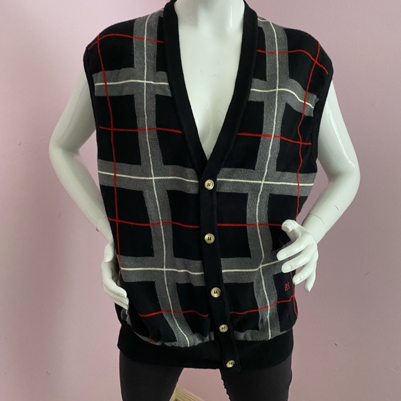 VINTAGE Clark Gregory Sweater Men MED Black Vest Cardigan Argyle Scotland - Picture 1 of 14